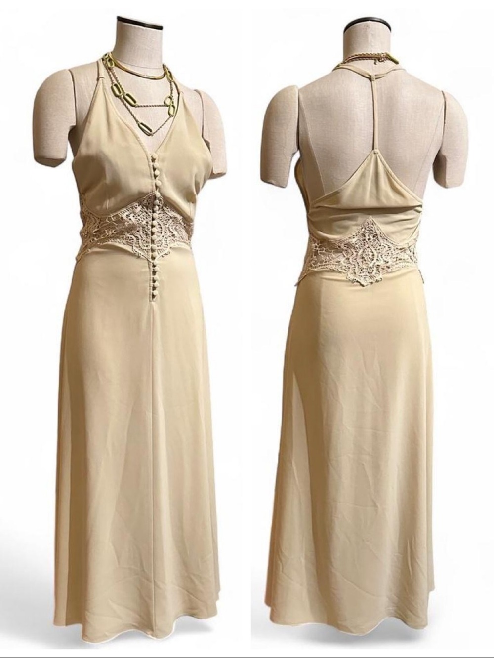 Vintage Cream Lace-Panel Maxi Slip Dress